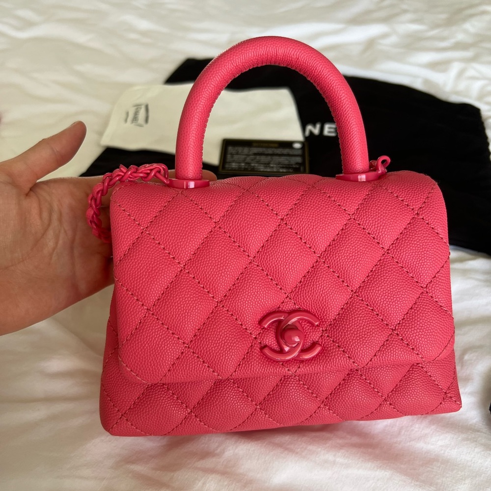 New Chanel Hot Pink Caviar Leather Mini Coco Handle Flap Bag